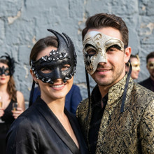 Black Crystal Lunar Venetian Mask & Silver Black Phantom of the Opera Masquerade Couple Mask Set
