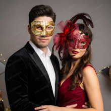 Ivory Gold Musical Venetian Mask & Red Feather Lace Masquerade Couple Mask Set
