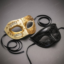 Venetian Musical Ivory & Black Glitter Venetian Eye Mask Couple Masquerade Set