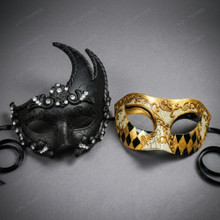 Black Swan Lunar Crystal Mask & Gold Venetian Harlequin Half Face Masquerade Couple Mask Set