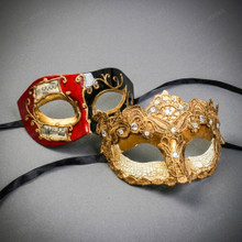 Red Black Musical Venetian Half Mask & Gold Crystal Lace Eye Mask Couple Masquerade Set