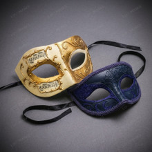 Venetian Musical Ivory Gold &  Blue Glitter Venetian Eye Mask Couple Masquerade Set