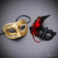 Ivory Gold Venetian Musical Eye Mask & Red Black Feather Masquerade Couple Mask Set