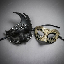 Black Swan Lunar Crystal Mask & Silver Venetian Harlequin Half Face Masquerade Couple Mask Set