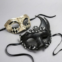 Black Swan Lunar Crystal Mask & Silver Venetian Harlequin Half Face Masquerade Couple Mask Set
