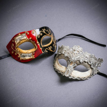 Red Black Musical Venetian Half Mask & Silver Crystal Lace Eye Mask Couple Masquerade Set