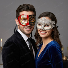 Red Black Musical Venetian Half Mask & Silver Crystal Lace Eye Mask Couple Masquerade Set