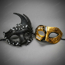 Black Swan Lunar Crystal Mask & Black Gold Venetian Musical Half Face Masquerade Couple Mask Set