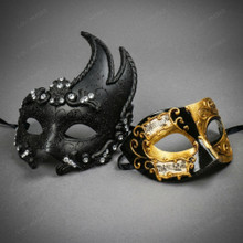 Black Swan Lunar Crystal Mask & Black Gold Venetian Musical Half Face Masquerade Couple Mask Set