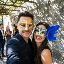 Ivory Gold Venetian Musical Half Face Mask & Gold Blue Feather Eye Mask Couple Masquerade Set