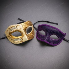 Venetian Musical Ivory Gold & Purple Glitter Venetian Eye Mask Couple Masquerade Set