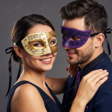 Venetian Musical Ivory Gold & Purple Glitter Venetian Eye Mask Couple Masquerade Set