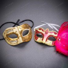 Ivory Gold Venetian Musical Half Face Mask & Gold Pink Feather Eye Mask Couple Masquerade Set