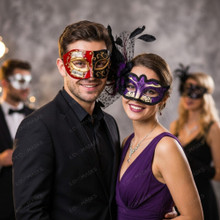 Red Black Musical Venetian Mask & Purple Black Feather Eye Mask Couple Masquerade Set