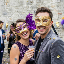 Ivory Gold Venetian Musical Half Face Mask & Gold Purple Feather Eye Mask Couple Masquerade Set