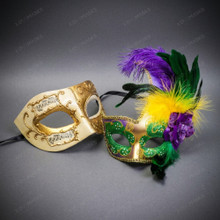 Mardi Gras Feather Masquerade Ball Mask & Ivory Gold Venetian Musical Mask Couple Mask Set