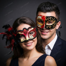 Red Black Musical Venetian Mask & Feather Eye Mask Couple Masquerade Set