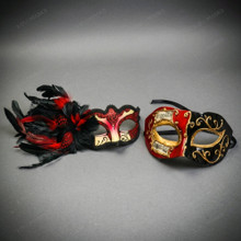 Red Black Musical Venetian Mask & Feather Eye Mask Couple Masquerade Set