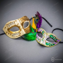 Ivory Gold Venetian Musical Mask & Mardi Gras Feathered Masquerade Couple Mask Set