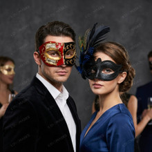 Red Black Musical Venetian Masquerade & Black Blue Feather Eye Mask Couple Masquerade Set