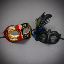 Red Black Musical Venetian Masquerade & Black Blue Feather Eye Mask Couple Masquerade Set