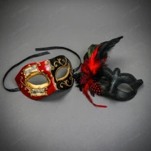 Red Black Feather Masquerade & Venetian Musical Eye Mask Couple Mask Set