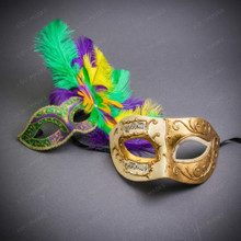 Ivory Gold Venetian Musical Half Mask & Mardi Gras Feather Masquerade Couple Mask Set