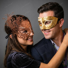 Ivory Gold Venetian Musical Half Mask & Rose Gold Filigree Butterfly Couple Masquerade Masks