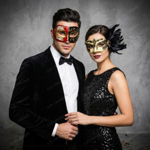 Red Black Venetian Musical Half Face Mask & Gold Black Feather Eye Mask Couple Masquerade Set