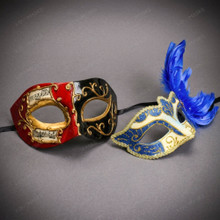 Red Black Venetian Musical Half Face Mask & Gold Blue Feather Eye Mask Couple Masquerade Set