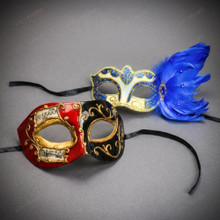 Red Black Venetian Musical Half Face Mask & Gold Blue Feather Eye Mask Couple Masquerade Set