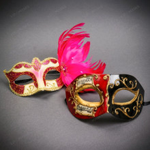 Red Black Venetian Musical Half Face Mask & Gold Pink Feather Eye Mask Couple Masquerade Set