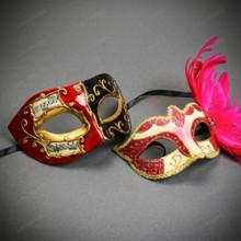 Red Black Venetian Musical Half Face Mask & Gold Pink Feather Eye Mask Couple Masquerade Set