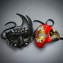Black Swan Lunar Crystal Mask & Red Gold Venetian Phantom of the Opera Masquerade Couple Mask Set