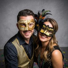 Ivory Gold Musical Venetian Mask & Gold Black Feather Eye Mask Couple Masquerade Set