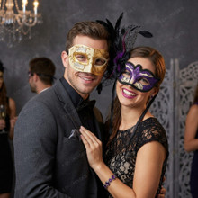 Ivory Gold Musical Venetian Mask & Purple Black Feather Eye Mask Couple Masquerade Set