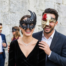 Black Swan Lunar Crystal Venetian Mask &  Red Silver Phantom of the Opera Masquerade Couple Mask Set