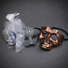Bronze Skull and Red Lace Couples Masquerade Masks