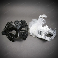 Roman Glitter Flower Couples Masquerade Mask - Black Silver