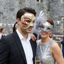 Venetian Harlequin & Floral Feather Couples Masks - Red Gold