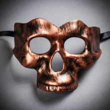Copper Skull Mask & Purple Feather Lace Masquerade Halloween Couple Mask Set
