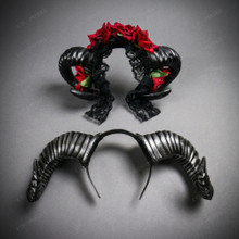 Gothic Horn Floral Lace Women Masquerade Mask - Gold Black