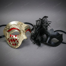 Venetian Harlequin Glitter Masquerade Mask - Red Gold Black