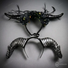 Gothic Ram Horns Rose Masquerade Headband - Black Gold