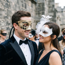 Couples Harlequin & Feather Masquerade Masks - Gold White