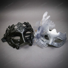 Roman Greek Emperor and Glitter Mesh Side Flower Couples Masquerade Mask - Black Silver
