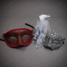 Venetian Glitter and Floral Masquerade Mask - Red Silver