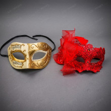 Venetian Music Note Gold And Red Lace Feather Flower Couple Masquerade Masks - Gold Red