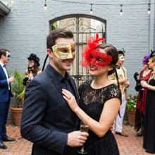 Venetian Music Note Gold And Red Lace Feather Flower Couple Masquerade Masks - Gold Red