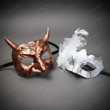 Bronze Horned Devil and White Feather Lace Couples Masquerade Mask - Bronze White